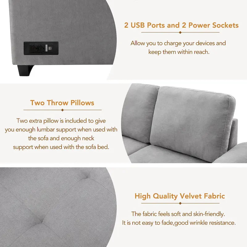 84.75 L-Shape 5 Seat Sectional Sofa with Pull-Out Bed, Storage Ottoman, Hidden Arm Storage & USB Charging