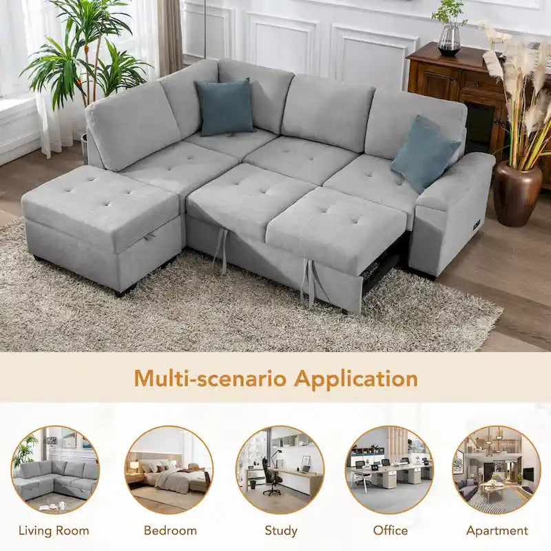 84.75 L-Shape 5 Seat Sectional Sofa with Pull-Out Bed, Storage Ottoman, Hidden Arm Storage & USB Charging