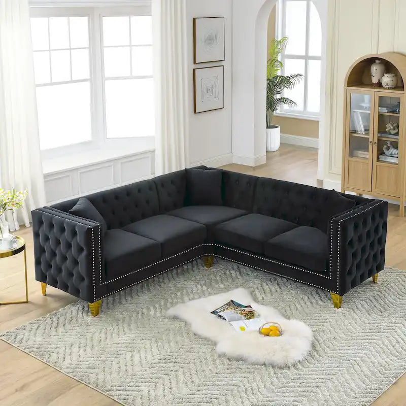 Canapé d'angle Chesterfield en velours noir de 82,2 po pour 5 personnes avec clous décoratifs et coussins touffetés