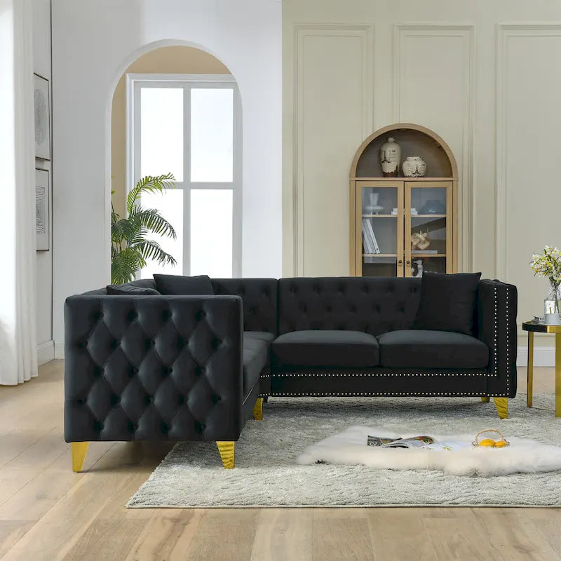 Canapé d'angle Chesterfield en velours noir de 82,2 po pour 5 personnes avec clous décoratifs et coussins touffetés