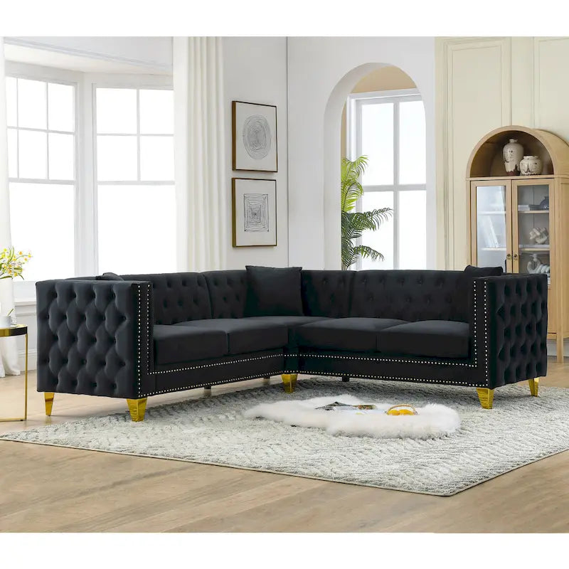 Canapé d'angle Chesterfield en velours noir de 82,2 po pour 5 personnes avec clous décoratifs et coussins touffetés