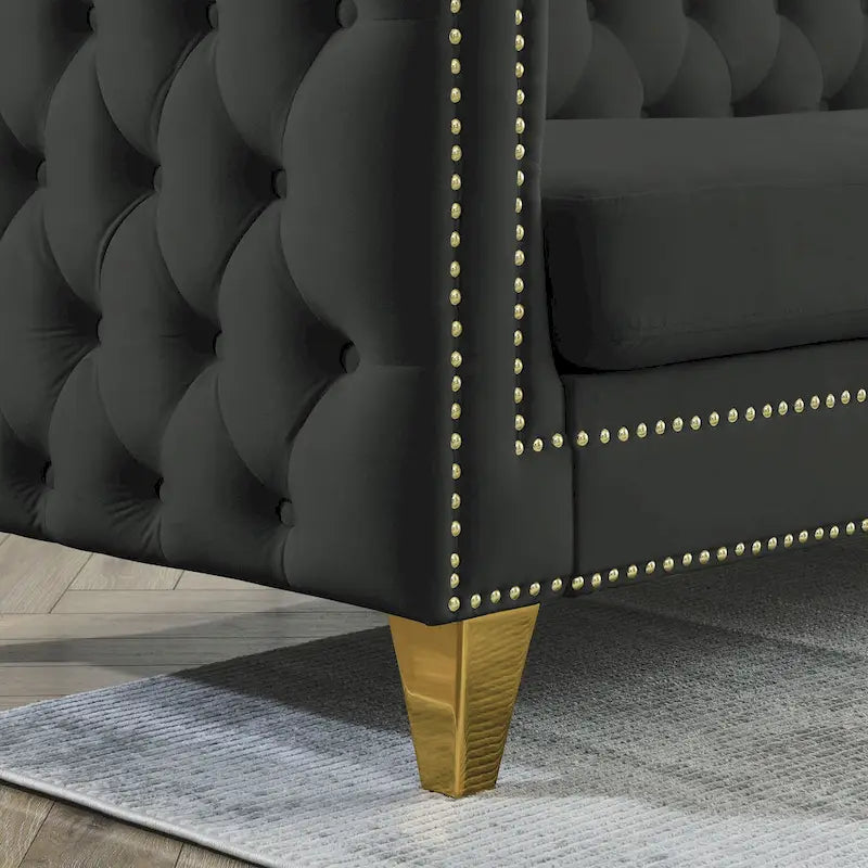 Black 82.2 Velvet Chesterfield L-Shaped Sofa for 5 with Nailhead Trim and Tufted Cushions