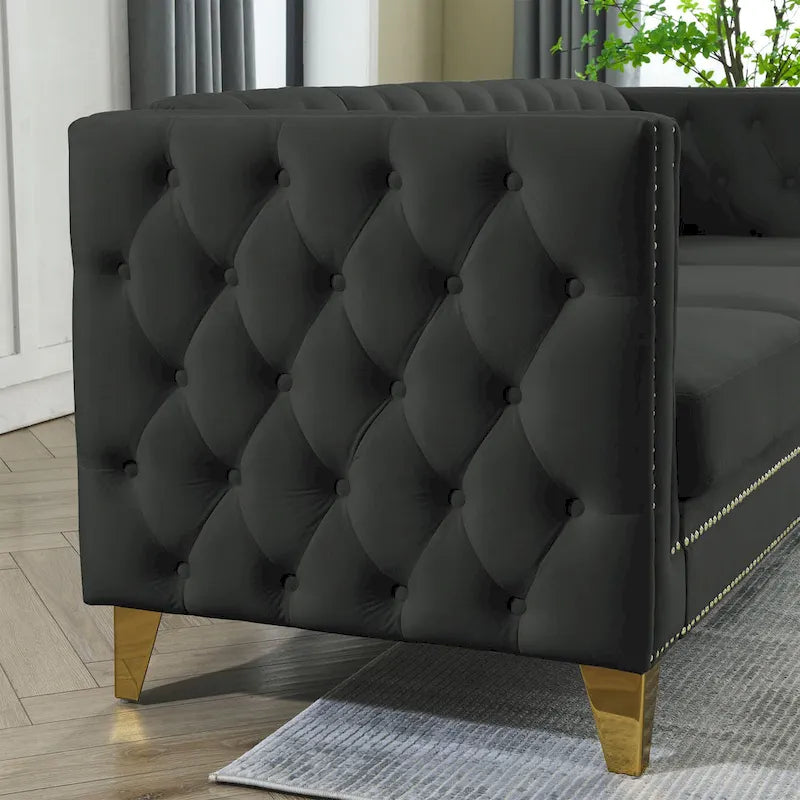 Black 82.2 Velvet Chesterfield L-Shaped Sofa for 5 with Nailhead Trim and Tufted Cushions