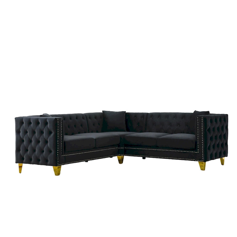 Black 82.2 Velvet Chesterfield L-Shaped 5-Seater Sectional Sofa with Nailhead Trim, Metal Legs, and Tufted Cushions