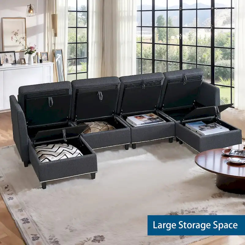 100 Spacious U-Shaped 6 Seater Sectional Sofa with Storage, Reversible Chaise and Comfortable Deep Cushions
