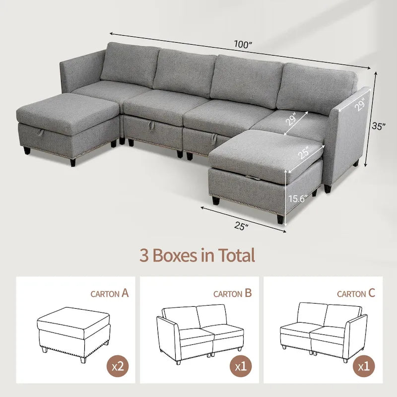 100 Spacious U-Shaped 6 Seater Sectional Sofa with Storage, Reversible Chaise and Comfortable Deep Cushions