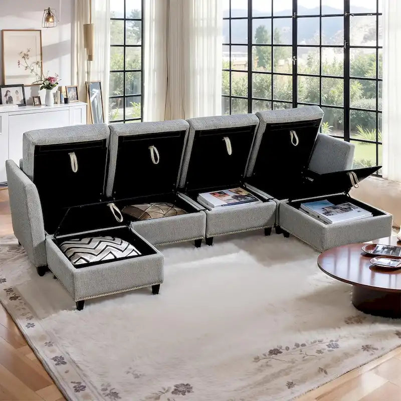 100 Spacious U-Shaped 6 Seater Sectional Sofa with Storage, Reversible Chaise and Comfortable Deep Cushions