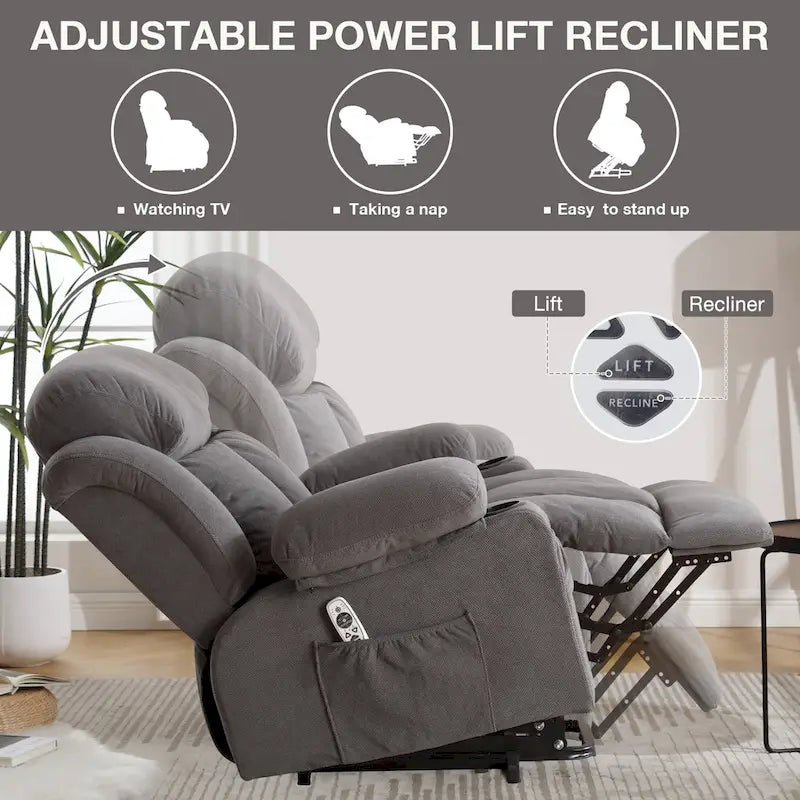 Grey Electric Power Lift Recliner featuring Heating, Massage, USB Port, Side Pockets, and Remote Control Functionality