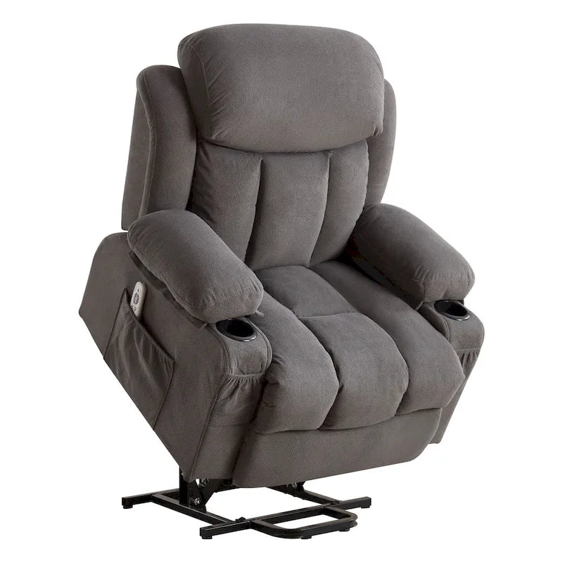 Grey Electric Power Lift Recliner featuring Heating, Massage, USB Port, Side Pockets, and Remote Control Functionality