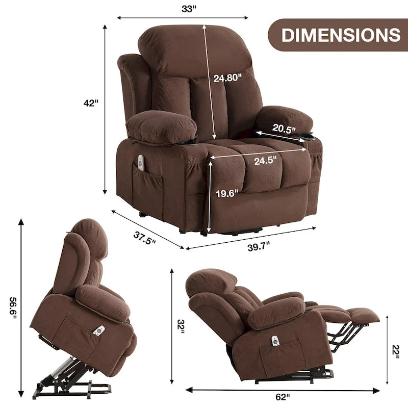 Grey Electric Power Lift Recliner featuring Heating, Massage, USB Port, Side Pockets, and Remote Control Functionality