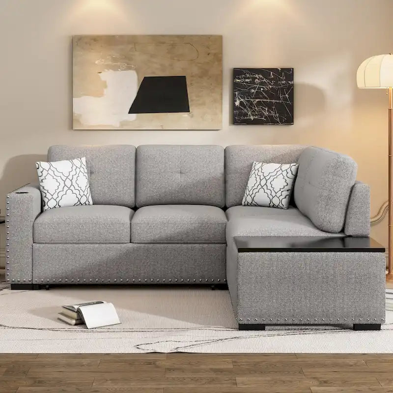Canapé d'angle 4 places en L de 83,8 po avec lit gigogne, méridienne de rangement, ports USB, prises de courant et porte-gobelets