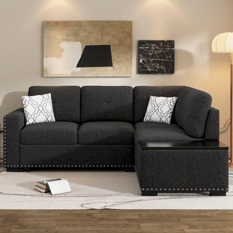 Canapé d'angle 4 places en L de 83,8 po avec lit gigogne, méridienne de rangement, ports USB, prises de courant et porte-gobelets