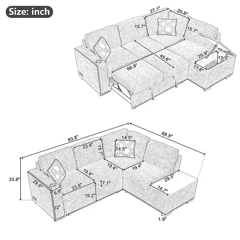 Canapé d'angle 4 places en L de 83,8 po avec lit gigogne, méridienne de rangement, ports USB, prises de courant et porte-gobelets
