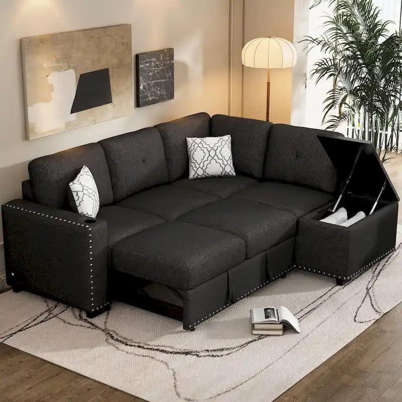 Canapé d'angle 4 places en L de 83,8 po avec lit gigogne, méridienne de rangement, ports USB, prises de courant et porte-gobelets