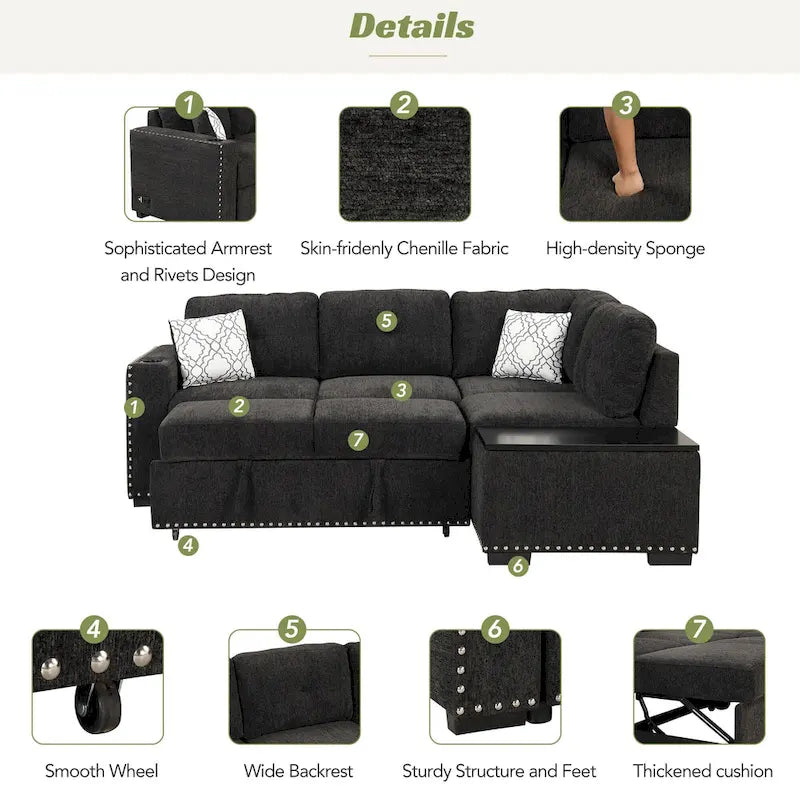 Canapé d'angle 4 places en L de 83,8 po avec lit gigogne, méridienne de rangement, ports USB, prises de courant et porte-gobelets