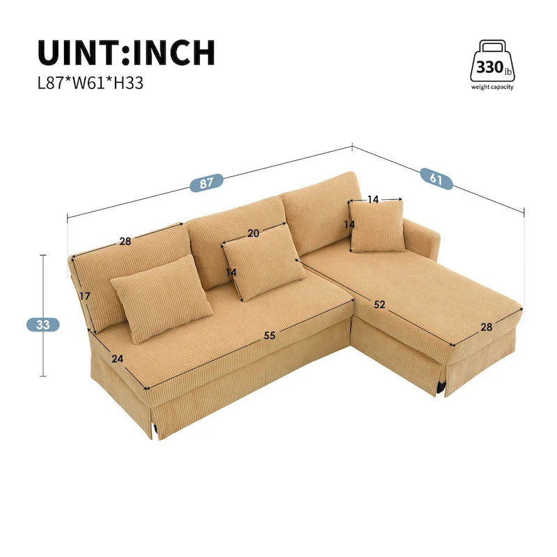 Yellow 87 L-Shaped 3-Seater Sofa with Reversible Chaise and 3 Cushions, Space-Saving Design for Living Room