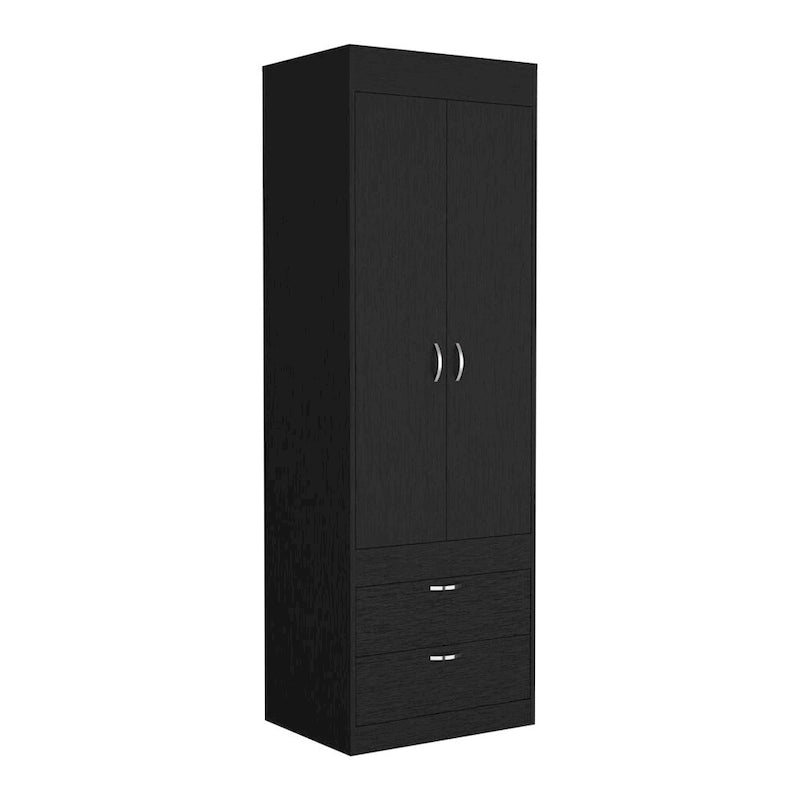 18.9 Modern Double-door Armoire with Two Bottom Drawers and Hanging Rod for Bedroom