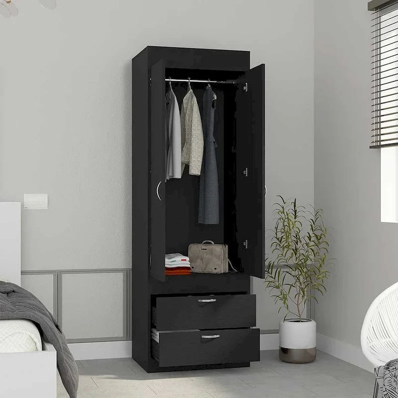 18.9 Modern Double-door Armoire with Two Bottom Drawers and Hanging Rod for Bedroom