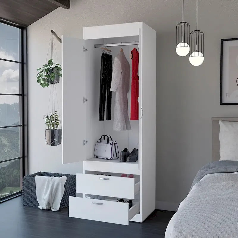 18.9 Modern Double-door Armoire with Two Bottom Drawers and Hanging Rod for Bedroom
