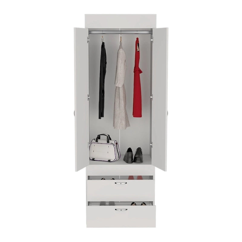 18.9 Modern Double-door Armoire with Two Bottom Drawers and Hanging Rod for Bedroom