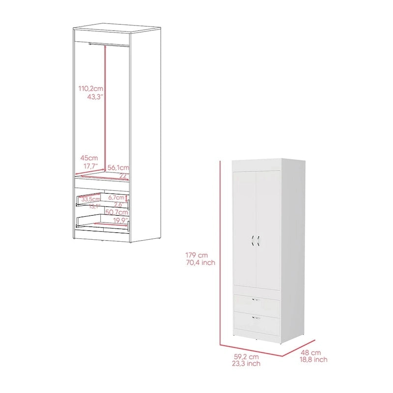 18.9 Modern Double-door Armoire with Two Bottom Drawers and Hanging Rod for Bedroom