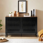 Meuble de rangement moderne avec portes à rayures grillagées et 6 tiroirs pour le salon