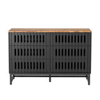 Meuble de rangement moderne avec portes à rayures grillagées et 6 tiroirs pour le salon