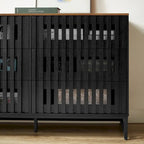 Meuble de rangement moderne avec portes à rayures grillagées et 6 tiroirs pour le salon