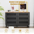 Meuble de rangement moderne avec portes à rayures grillagées et 6 tiroirs pour le salon