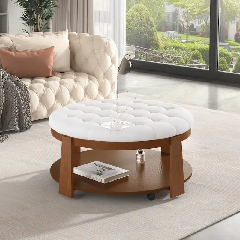 36 Round Button Tufted Upholstered Coffee Table with Wood Shelf and Wheel