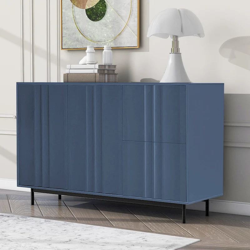 Armoire de rangement moderne à motif ondulé avec 2 portes, 2 tiroirs et étagères réglables