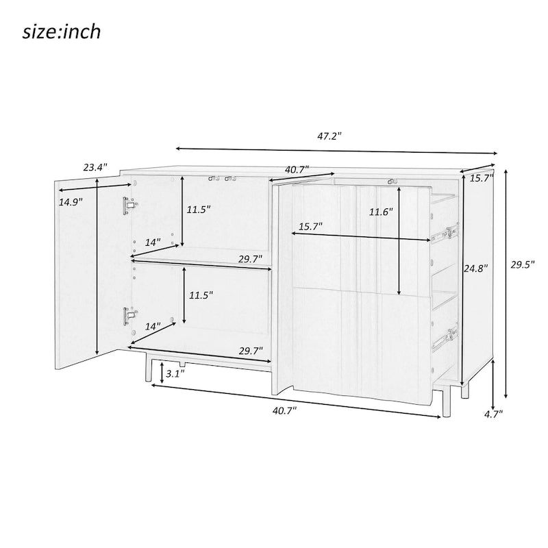 Armoire de rangement moderne à motif ondulé avec 2 portes, 2 tiroirs et étagères réglables