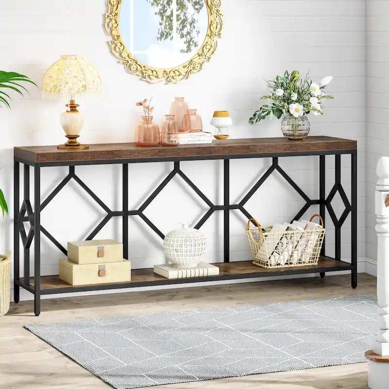 Table console extra longue de 71 pouces Table de canapé avec étagère de rangement ouverte, Tables de canapé étroites et longues Table d'entrée derrière le canapé