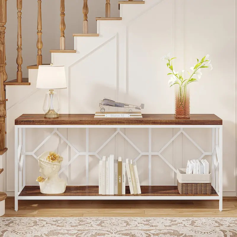 Table console extra longue de 71 pouces Table de canapé avec étagère de rangement ouverte, Tables de canapé étroites et longues Table d'entrée derrière le canapé