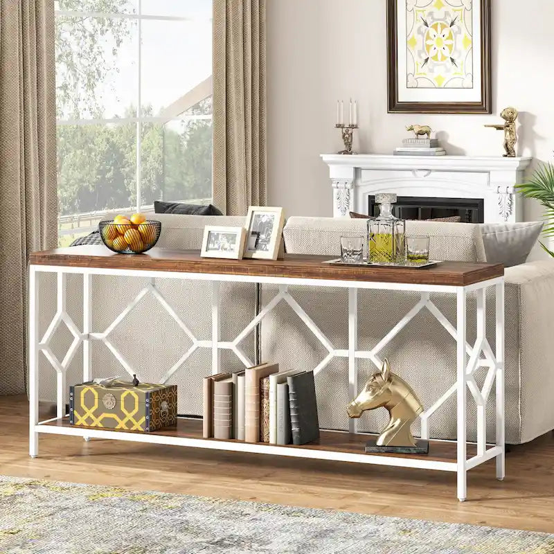 Table console extra longue de 71 pouces Table de canapé avec étagère de rangement ouverte, Tables de canapé étroites et longues Table d'entrée derrière le canapé