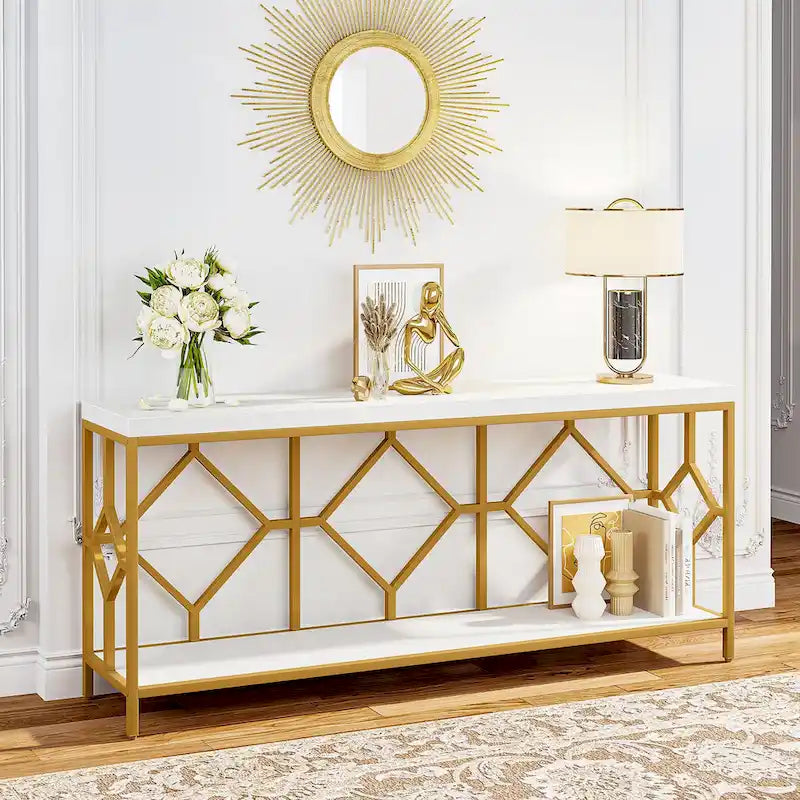 Table console extra longue de 71 pouces Table de canapé avec étagère de rangement ouverte, Tables de canapé étroites et longues Table d'entrée derrière le canapé
