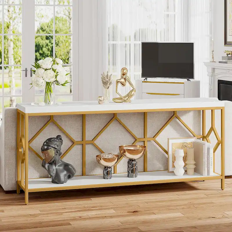 Table console extra longue de 71 pouces Table de canapé avec étagère de rangement ouverte, Tables de canapé étroites et longues Table d'entrée derrière le canapé