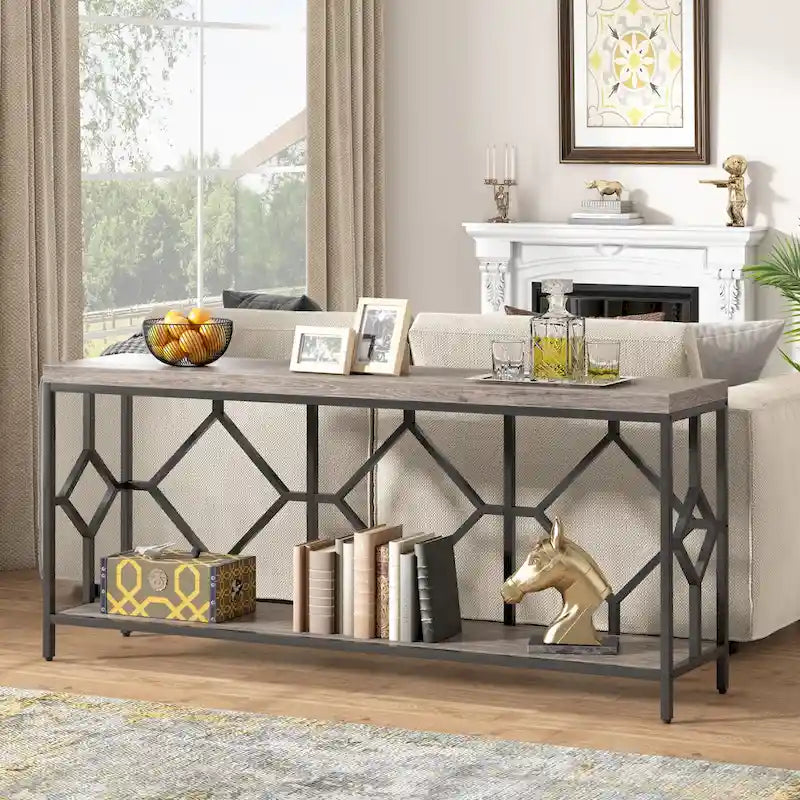 Table console extra longue de 71 pouces Table de canapé avec étagère de rangement ouverte, Tables de canapé étroites et longues Table d'entrée derrière le canapé