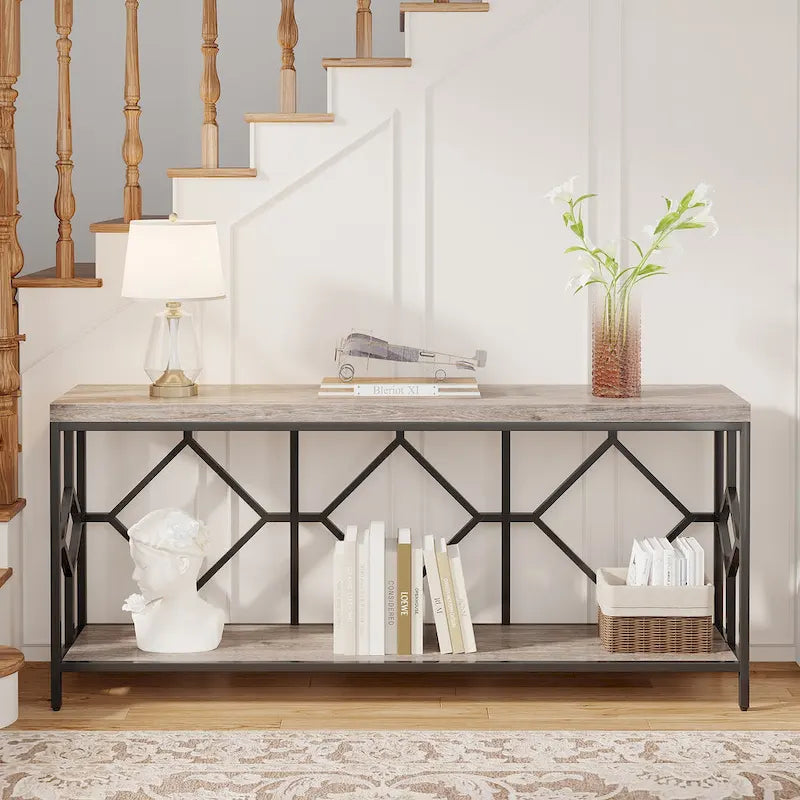 Table console extra longue de 71 pouces Table de canapé avec étagère de rangement ouverte, Tables de canapé étroites et longues Table d'entrée derrière le canapé