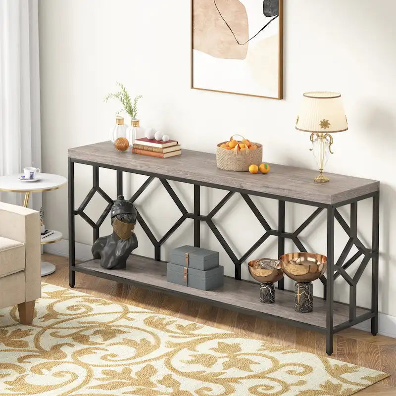 Table console extra longue de 71 pouces Table de canapé avec étagère de rangement ouverte, Tables de canapé étroites et longues Table d'entrée derrière le canapé