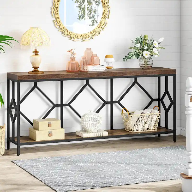 Table console extra longue de 71 pouces Table de canapé avec étagère de rangement ouverte, Tables de canapé étroites et longues Table d'entrée derrière le canapé