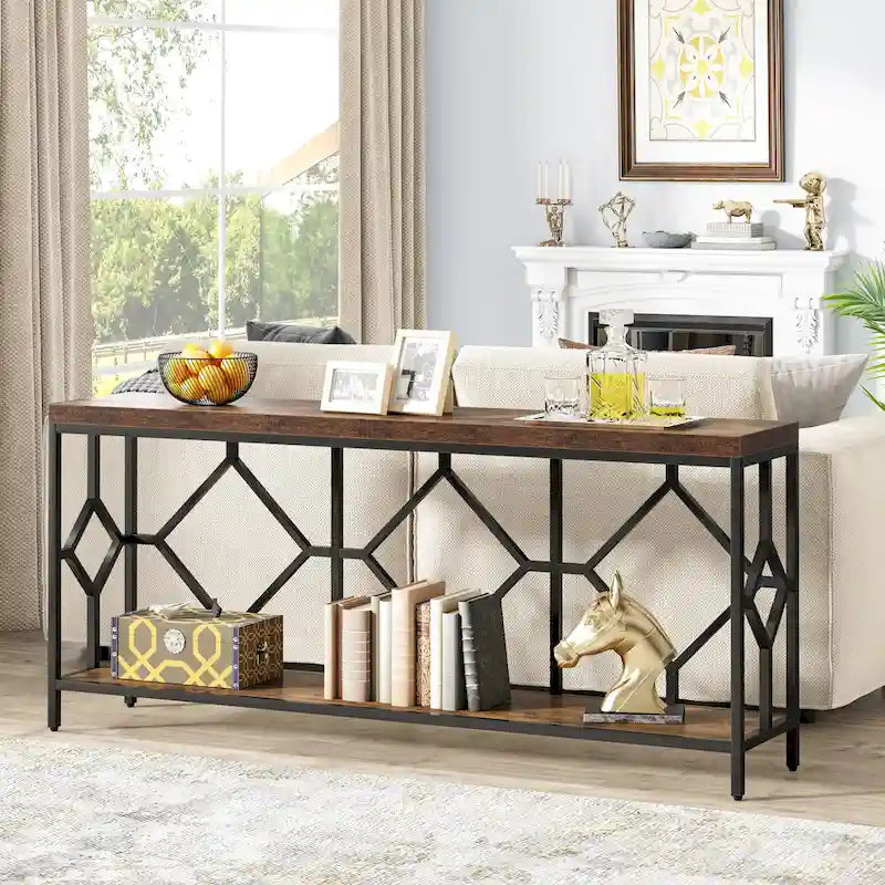 Table console extra longue de 71 pouces Table de canapé avec étagère de rangement ouverte, Tables de canapé étroites et longues Table d'entrée derrière le canapé