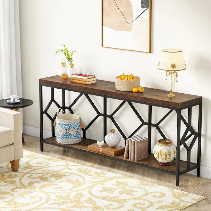 Table console extra longue de 71 pouces Table de canapé avec étagère de rangement ouverte, Tables de canapé étroites et longues Table d'entrée derrière le canapé