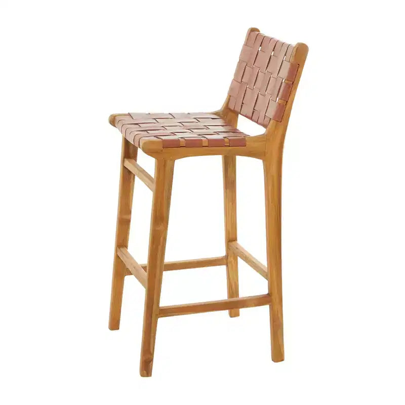 Contemporary Modern Teak Woven Leather Barstool Brown - Olivia & May