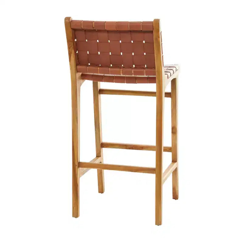 Contemporary Modern Teak Woven Leather Barstool Brown - Olivia & May