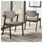 Set of 2 Elegant Mid - Century Wood and Fabric Upholstered Dining Armchairs - Light Gray, Walnut Dark Brown - Baxton Studio