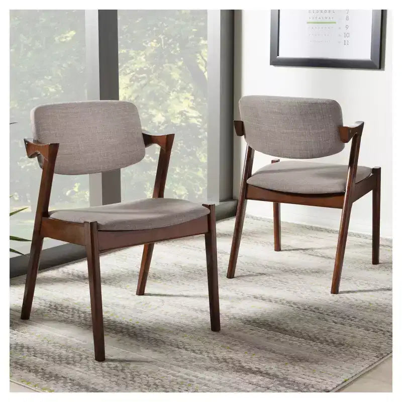 Set of 2 Elegant Mid - Century Wood and Fabric Upholstered Dining Armchairs - Light Gray, Walnut Dark Brown - Baxton Studio