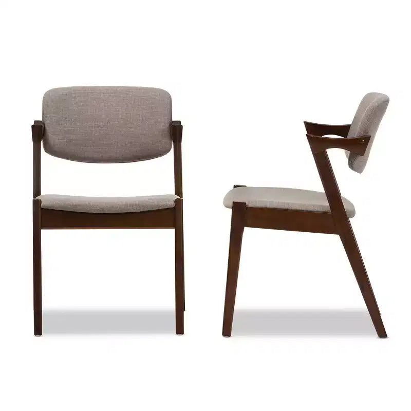 Set of 2 Elegant Mid - Century Wood and Fabric Upholstered Dining Armchairs - Light Gray, Walnut Dark Brown - Baxton Studio