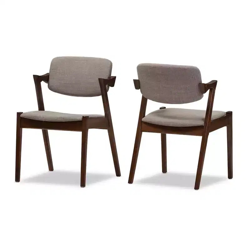 Set of 2 Elegant Mid - Century Wood and Fabric Upholstered Dining Armchairs - Light Gray, Walnut Dark Brown - Baxton Studio