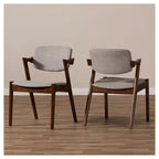 Set of 2 Elegant Mid - Century Wood and Fabric Upholstered Dining Armchairs - Light Gray, Walnut Dark Brown - Baxton Studio